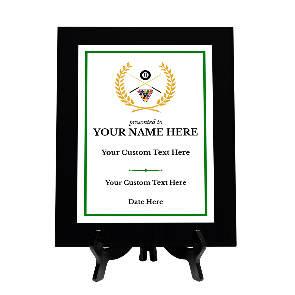 Pool or Snooker Customizable Black Frame Wooden Award Plaque | Easel Mount Option | Achievement and Recognition Personalizable Plaques | Sports Award