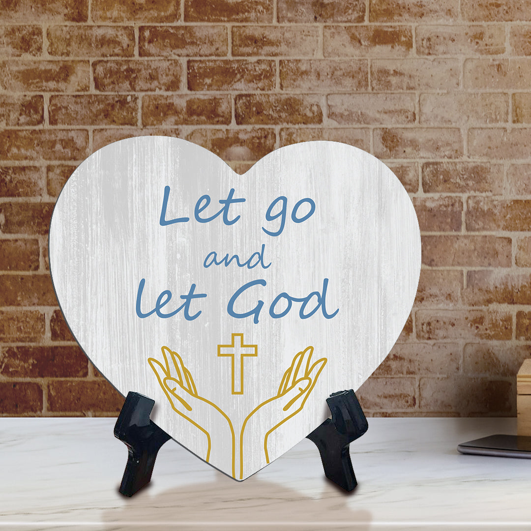 Sign ByLITA Heart Let go and let God, Wood Color, Table Sign (6"x5")