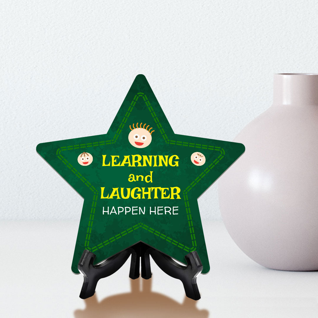 Sign ByLITA Learning and Laughter Happen Here Star Table Sign with Acrylic Stand (7.5x7.5“) Development | Kindergarten Classroom Essentials | Nurture Young Minds | Fun & Educational Supplies | Easy to Read | Includes Easel Stand, Star Table Sign (6"x5")