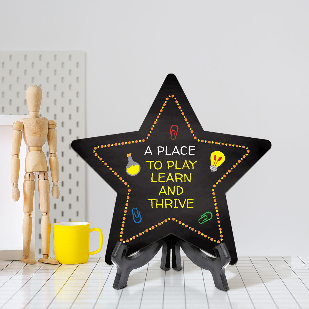 Sign ByLITA A Place to Play, Learn, and Thrive Star Table Sign with Acrylic Stand (7.5x7.5“) Development | Kindergarten Classroom Essentials | Nurture Young Minds | Fun & Educational Supplies | Easy to Read | Includes Easel Stand