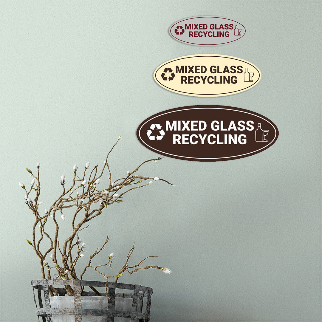 Signs ByLITA Oval Mixed glass recycling Sign - Laser-Engraved Lettering | Durable ABS Plastic | Vibrant Colors | Powerful Foam Tape