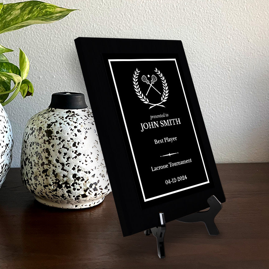 Lacrosse Customizable Black Frame Wooden Award Plaque | Easel Mount Option | Achievement and Recognition Personalizable Plaques