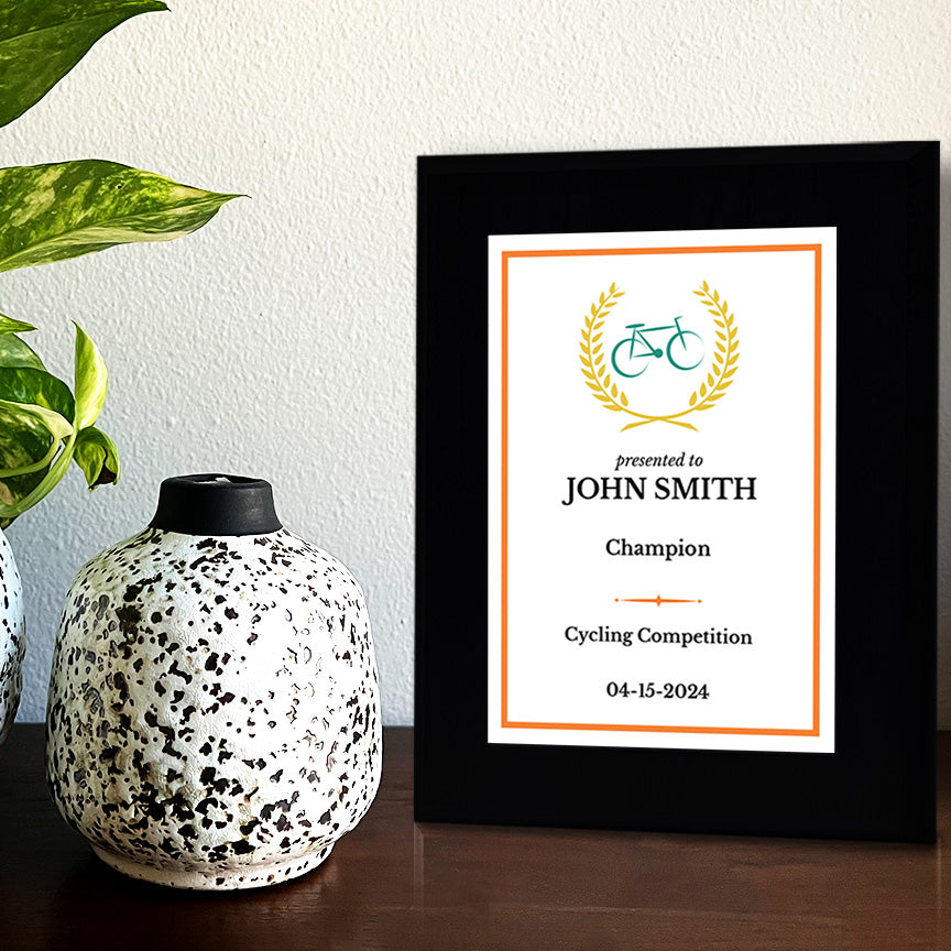 Cycling Customizable Black Frame Wooden Award Plaque | Easel Mount Option | Achievement and Recognition Personalizable Plaques