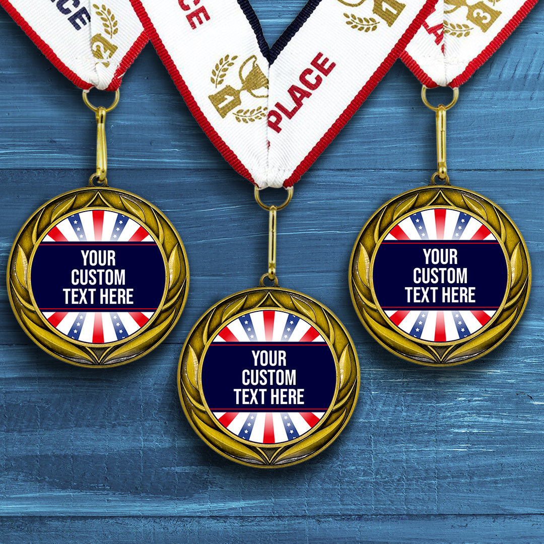 Red White Custom Personalized Wreath Design Medal | Choice of Ribbon | USA Flag Personalized Award