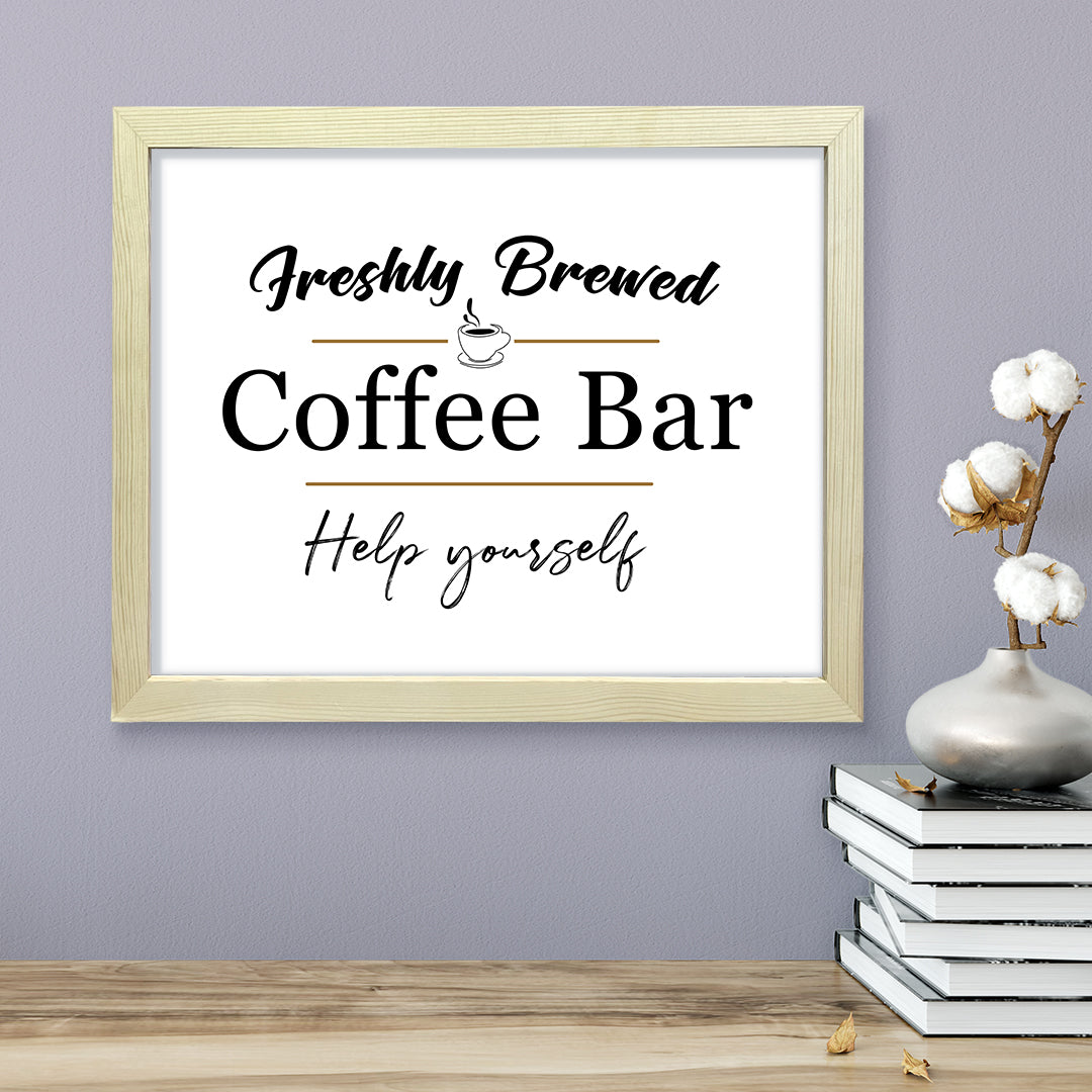 Freshly Brewed Coffee Bar Help Yourself, Framed Wall Art, Home Décor Prints