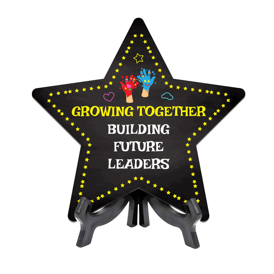 Sign ByLITA Growing Together: Building Future Leaders Star Table Sign with Acrylic Stand (7.5x7.5“) Development | Kindergarten Classroom Essentials | Nurture Young Minds | Fun & Educational Supplies | Easy to Read | Includes Easel Stand