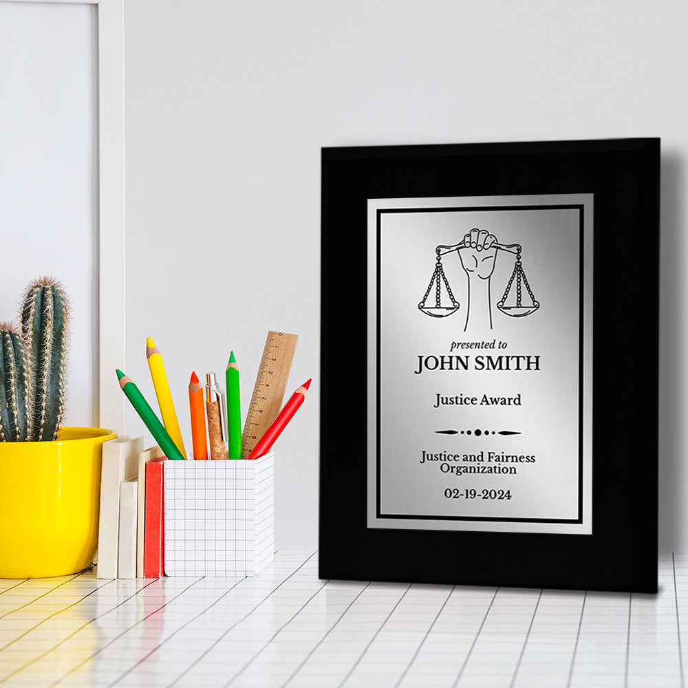 Legal and Justice Theme Customizable Black Frame Award Plaque | Easel Mount Option | Achievement and Service Personalizable Plaques