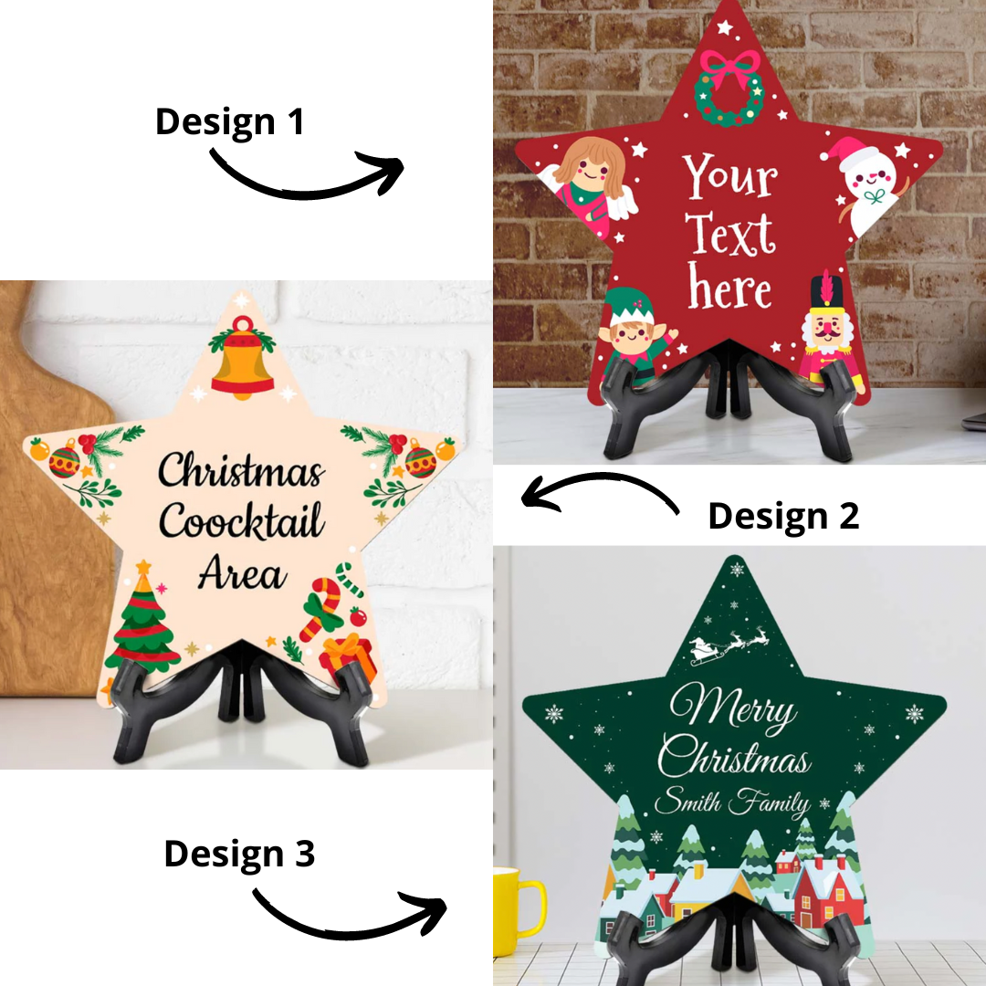 Customizable Christmas Star Shape Table Sign With Acrylic Stand (6” x 5.75”) | Holiday Indoor Decoration