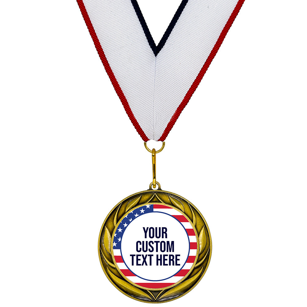 USA Flag Custom Personalized Wreath Design Medal | Choice of Ribbon | Patriotic Personalized Award