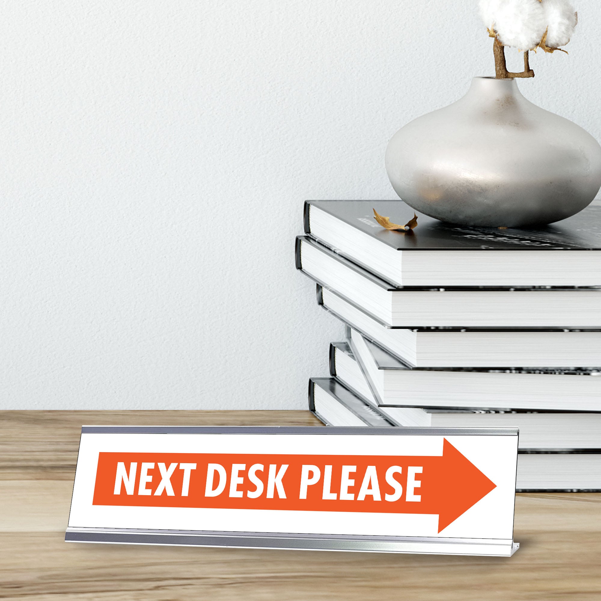 Next Desk Please, Orange Silver Frame, Desk Sign (2x8")