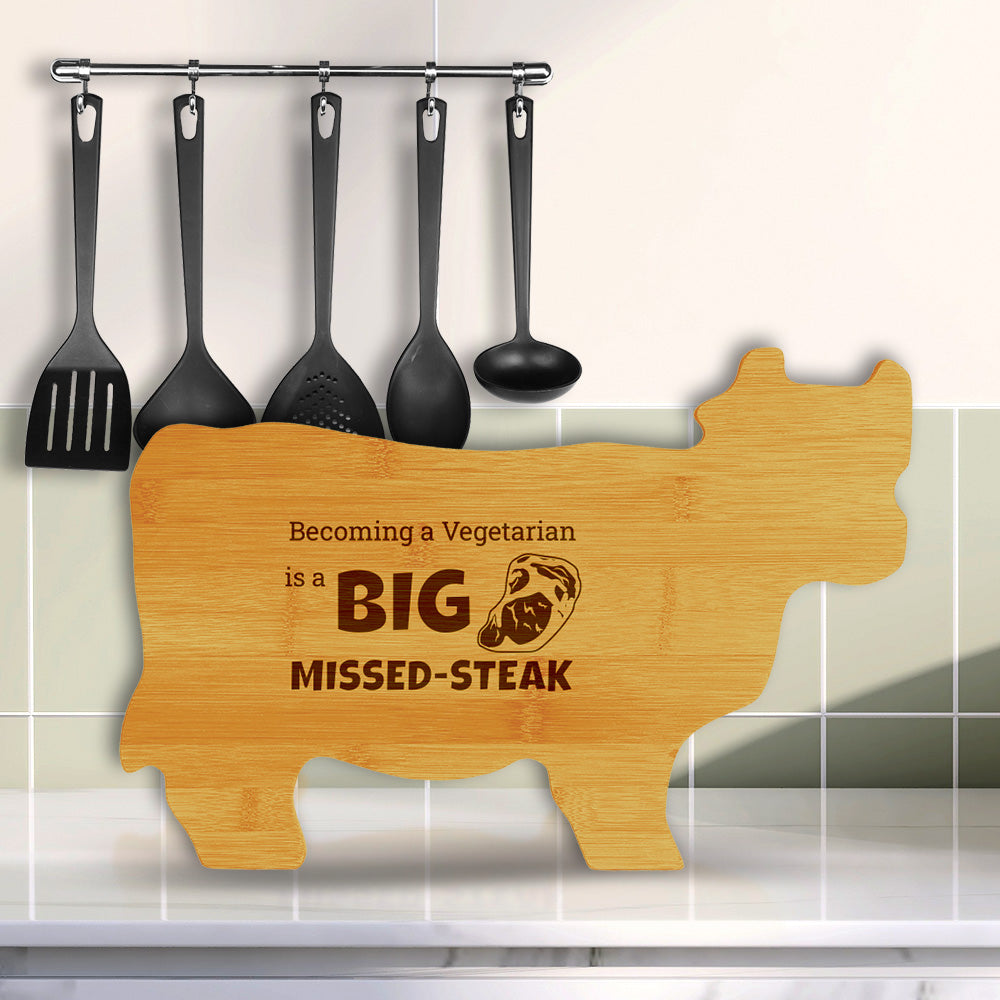 Becoming a Vegetarian is a Big Missed-Steak 14.75 x 9.75" Cow Shape Cutting Board | Funny Kitchen Chopping Board