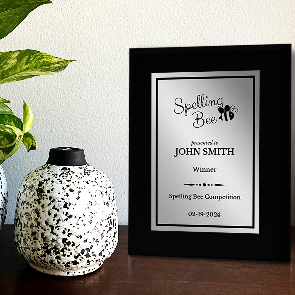 Spelling Bee Competition Customizable Black Frame Award Plaque | Easel Mount Option | Achievement and Recognition Personalizable Plaques