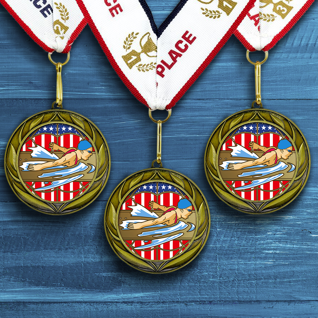 All Quality Swimming Wreath Design Medal - 1st, 2nd, 3rd Place