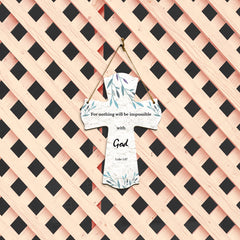 For nothing will be impossible with God. Luke 1:37 11.5" x 8" Cross Hanging Sign | Rustic Twine | Inspiring Religious Bible Decor