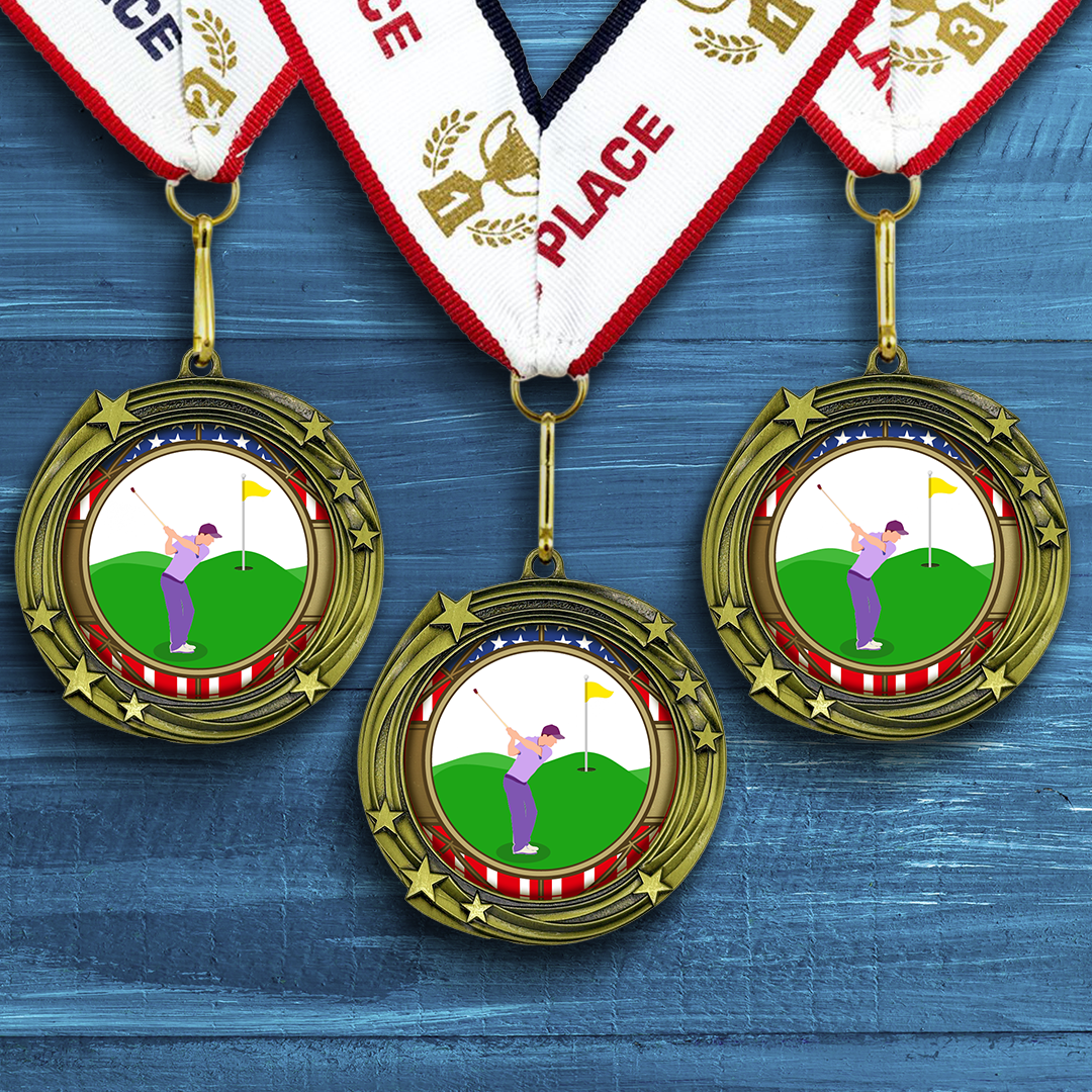 All Quality Golf Swirling Stars Design Medal - 1st, 2nd, 3rd Place