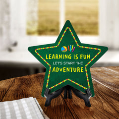 Sign ByLITA Learning is Fun, Let's Start the Adventure Star Table Sign with Acrylic Stand (7.5x7.5“) Development | Kindergarten Classroom Essentials | Nurture Young Minds | Fun & Educational Supplies | Easy to Read | Includes Easel Stand