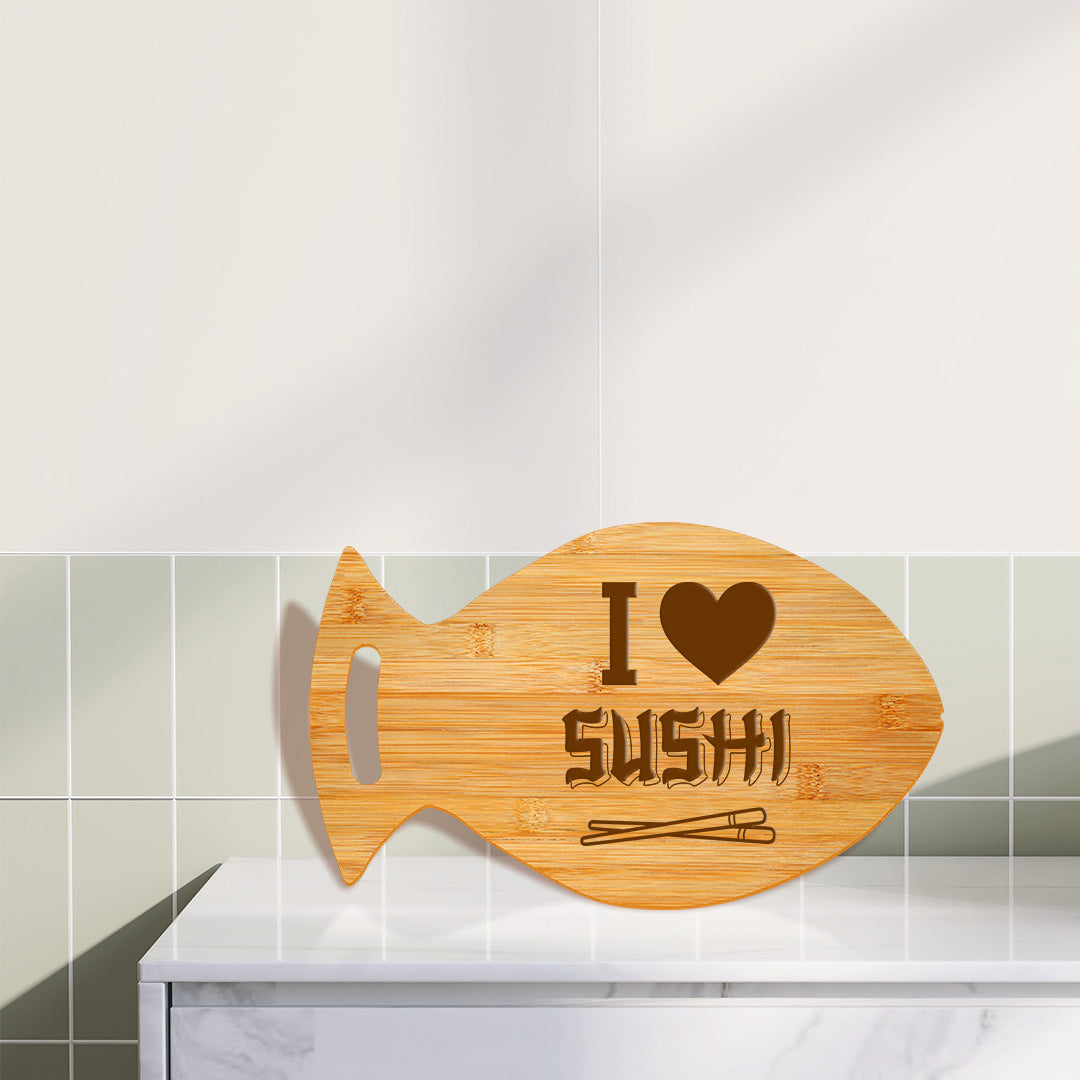 I Love Sushi 14 x 8.5" Fish Shape Cutting Board | Decorative Kitchen Accessory For Sushi Lovers