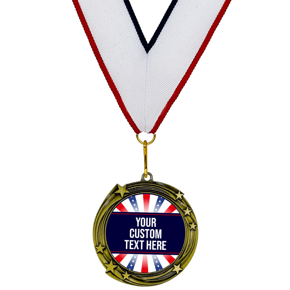 Red White and Blue Custom Personalized Stars Design Medal | Choice of Ribbon | USA Flag Personalized Award