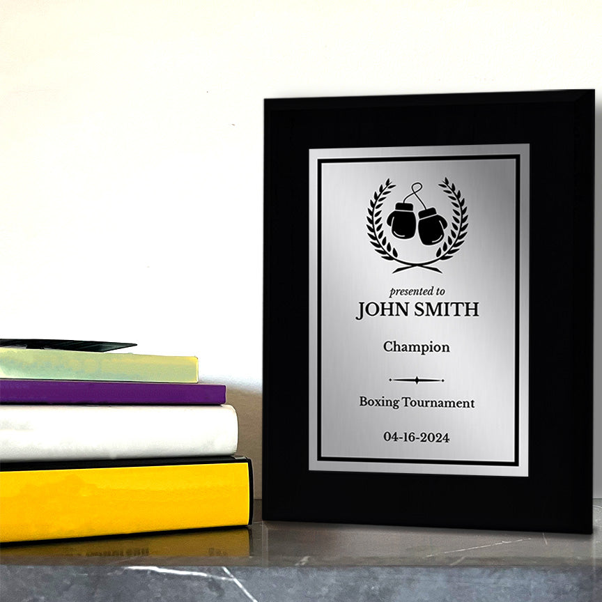 Boxing Customizable Black Frame Wooden Award Plaque | Easel Mount Option | Achievement and Recognition Personalizable Plaques