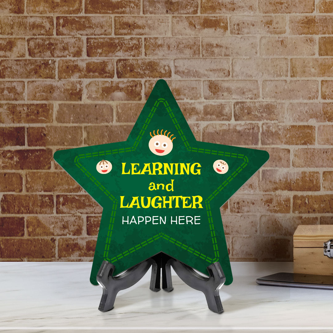 Sign ByLITA Learning and Laughter Happen Here Star Table Sign with Acrylic Stand (7.5x7.5“) Development | Kindergarten Classroom Essentials | Nurture Young Minds | Fun & Educational Supplies | Easy to Read | Includes Easel Stand, Star Table Sign (6"x5")