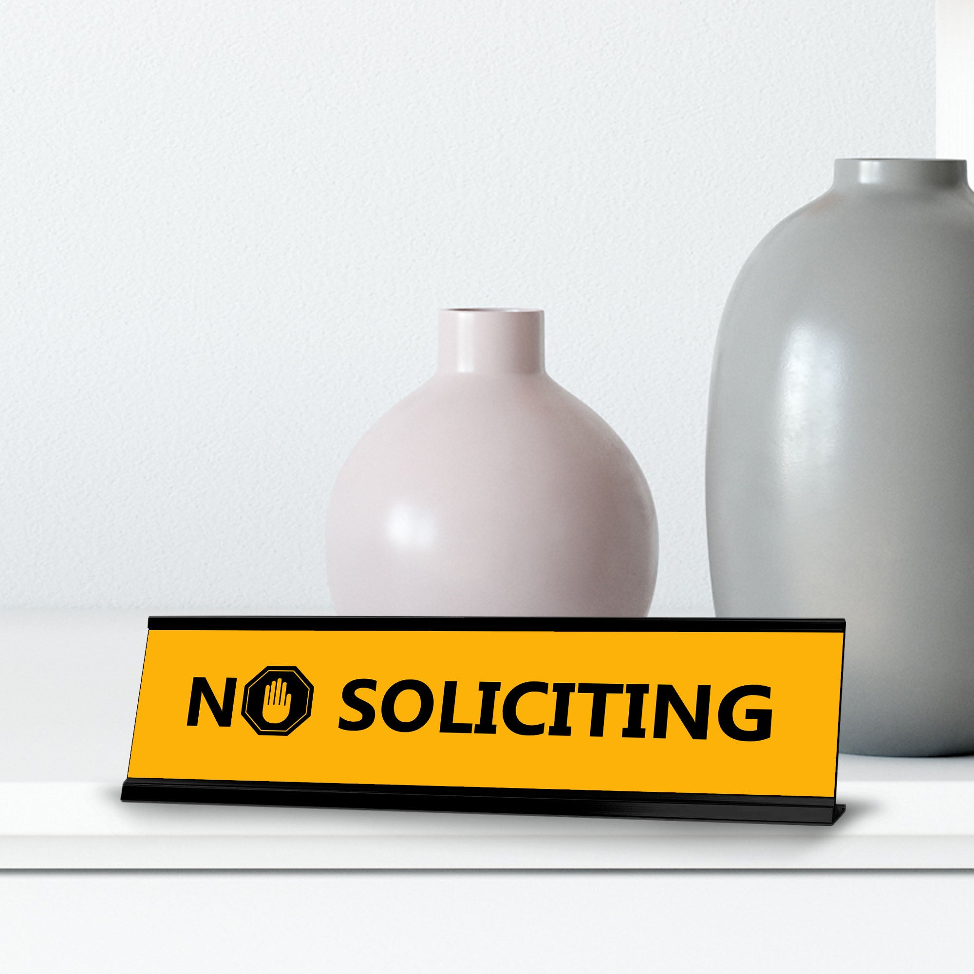 No Soliciting, Black Frame Desk Sign (2x8")