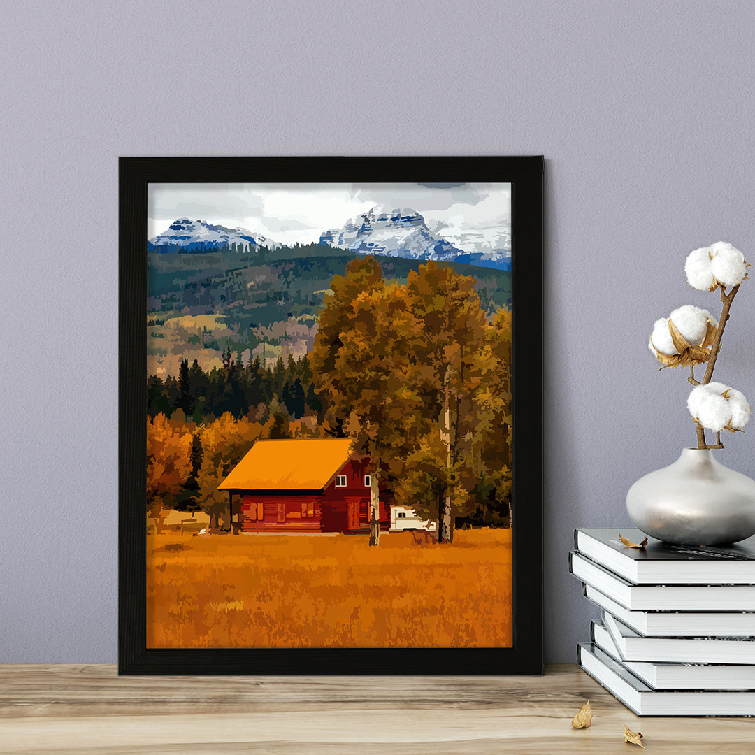 Rustic Fall Mountain Farm Scene Framed Wall Print Easy Installation | Farm Lifestyle | Stylish Modern Decoration For The Home and Officer