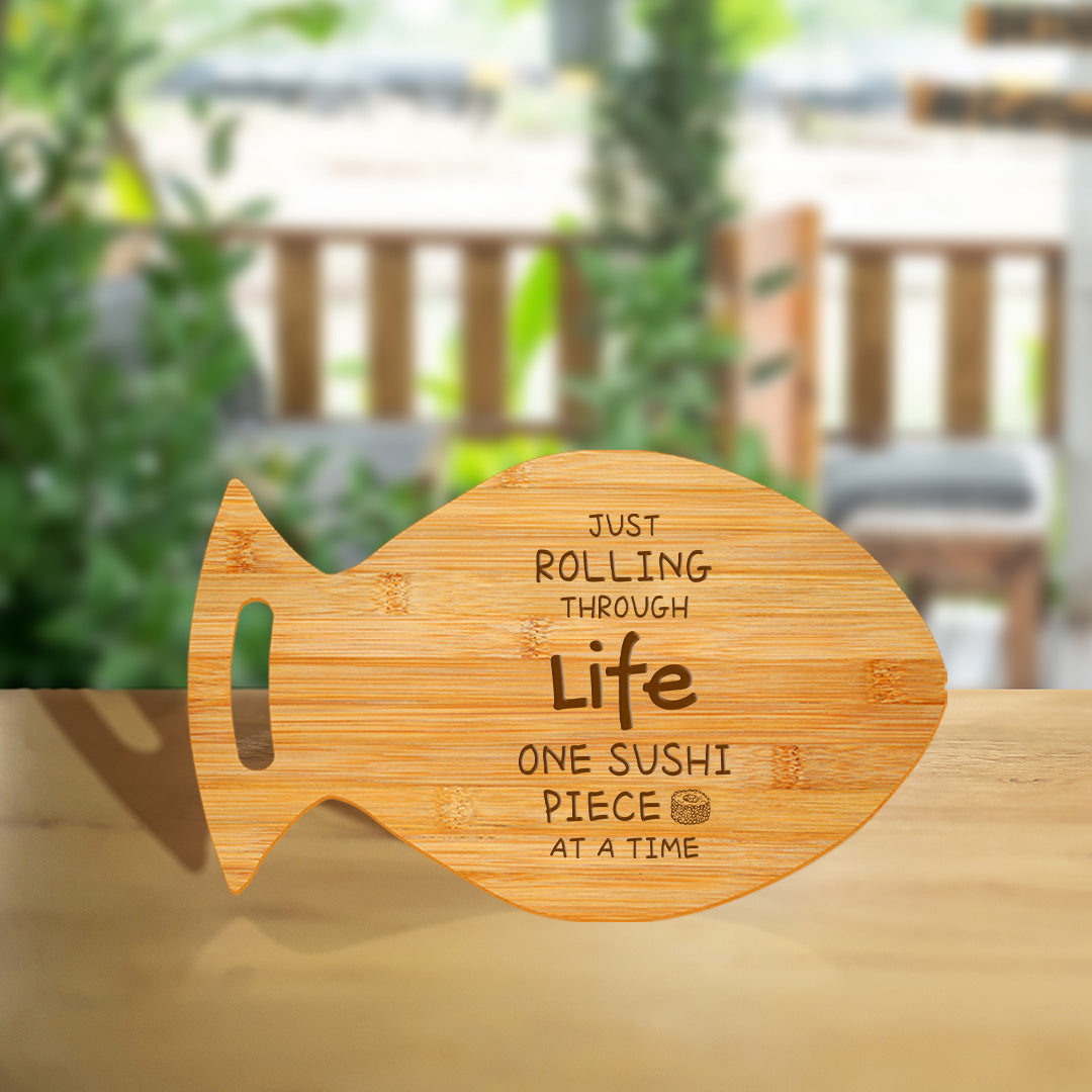 Just Rolling Through Life One Sushi Piece At A Time! 14 x 8.5" Fish Shape Cutting Board | Decorative Kitchen Accessory For Sushi Lovers