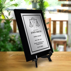 Legal and Justice Theme Customizable Black Frame Award Plaque | Easel Mount Option | Achievement and Service Personalizable Plaques