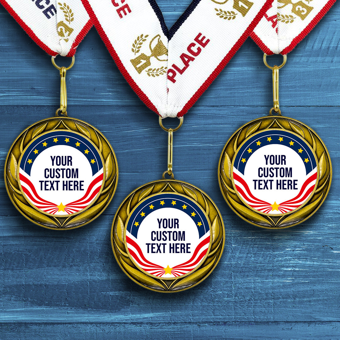 Gold Star Custom Personalized Wreath Design Medal | Choice of Ribbon | USA Flag Personalized Award