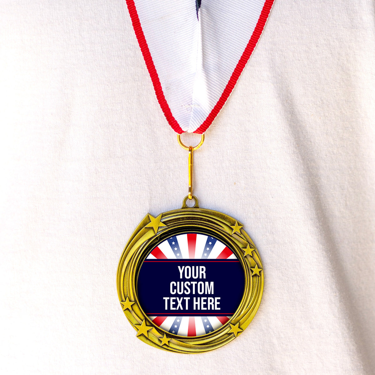 Red White and Blue Custom Personalized Stars Design Medal | Choice of Ribbon | USA Flag Personalized Award