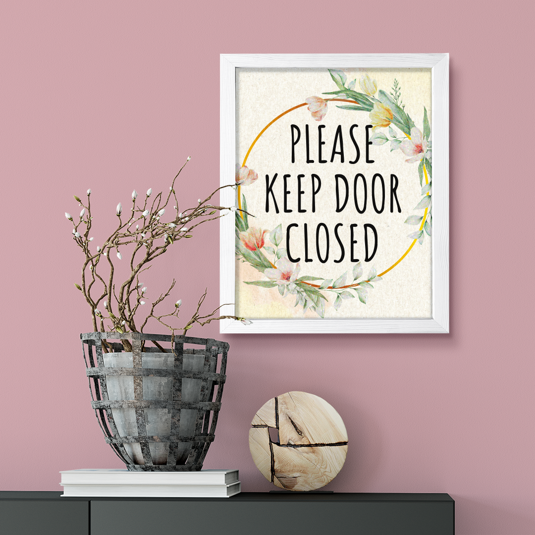 Signs ByLITA Please Keep Door Closed, Floral FRAMED Print Short Term Rentals Guest Signage Hospitality Wall Art