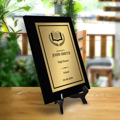 Education Theme Customizable Black Frame Wooden Award Plaque | Easel Mount Option | Achievement and Recognition Personalizable Plaques