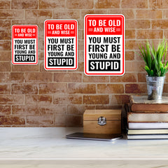 Portrait Round Plus To Be Old And Wise You Must First Be Young And Stupid Wall or Door Sign | Easy Installation | Funny Novelty Imitation Warning Signs