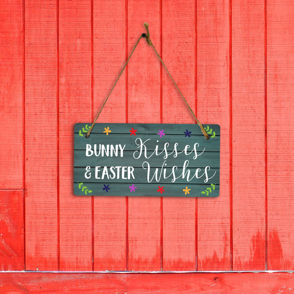 Bunny Kisses & Easter Wishes 5x10 Hanging Wall or Door Sign | Funny Religious Home Decor