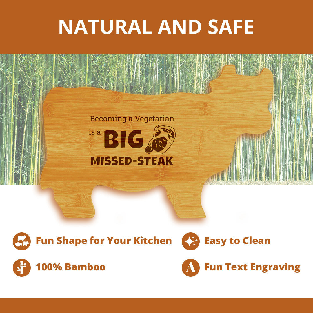 Becoming a Vegetarian is a Big Missed-Steak 14.75 x 9.75" Cow Shape Cutting Board | Funny Kitchen Chopping Board