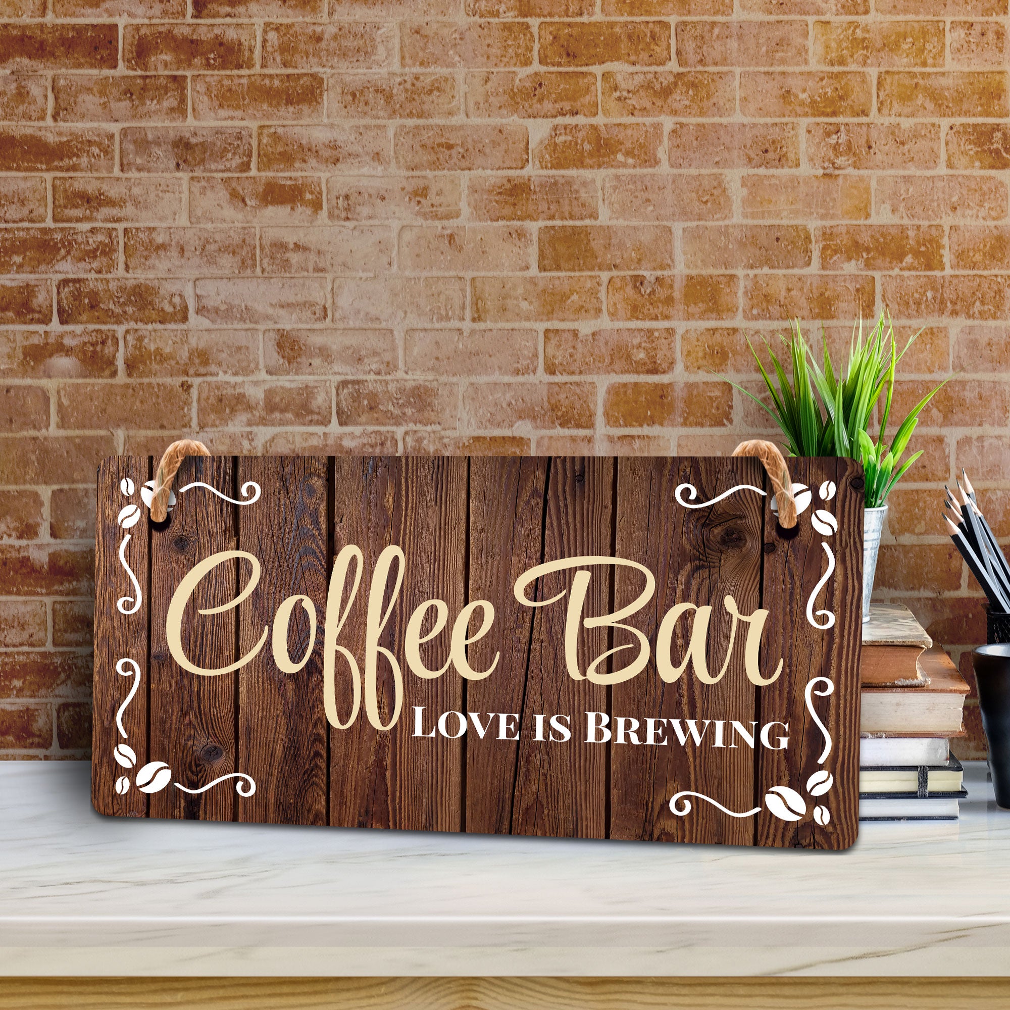 Coffee Bar Love is Brewing 5x10 Hanging Wall or Door Sign