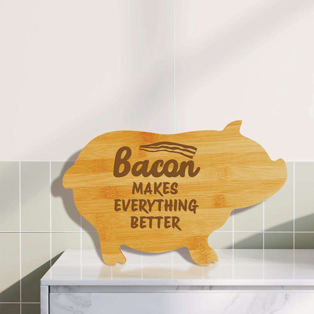 Bacon makes everything better (13.75 x 8.75") Pig Shape Cutting Board | Funny Decorative Kitchen Chopping Board