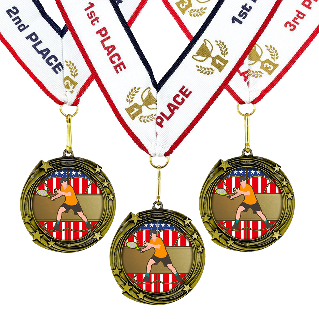 All Quality Tennis Swirling Stars Design Medal - 1st, 2nd, 3rd Place