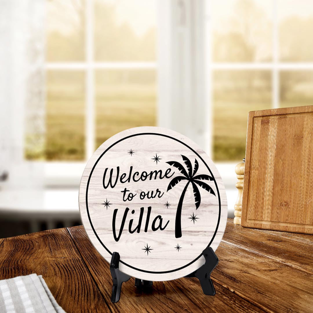 Signs ByLITA Circle Welcome to Our Villa Wood Color, Entrance Decor Table Sign (5"x5")