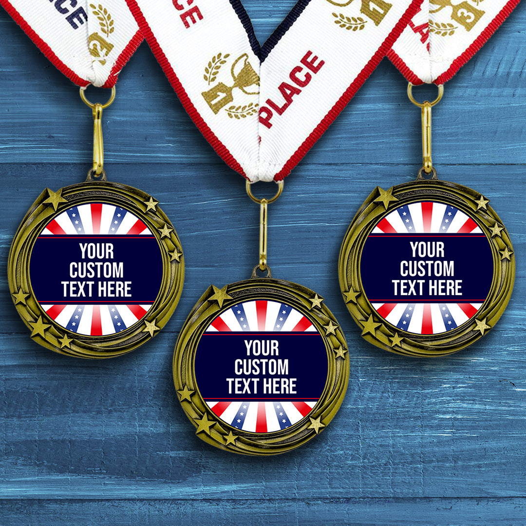 Red White and Blue Custom Personalized Stars Design Medal | Choice of Ribbon | USA Flag Personalized Award