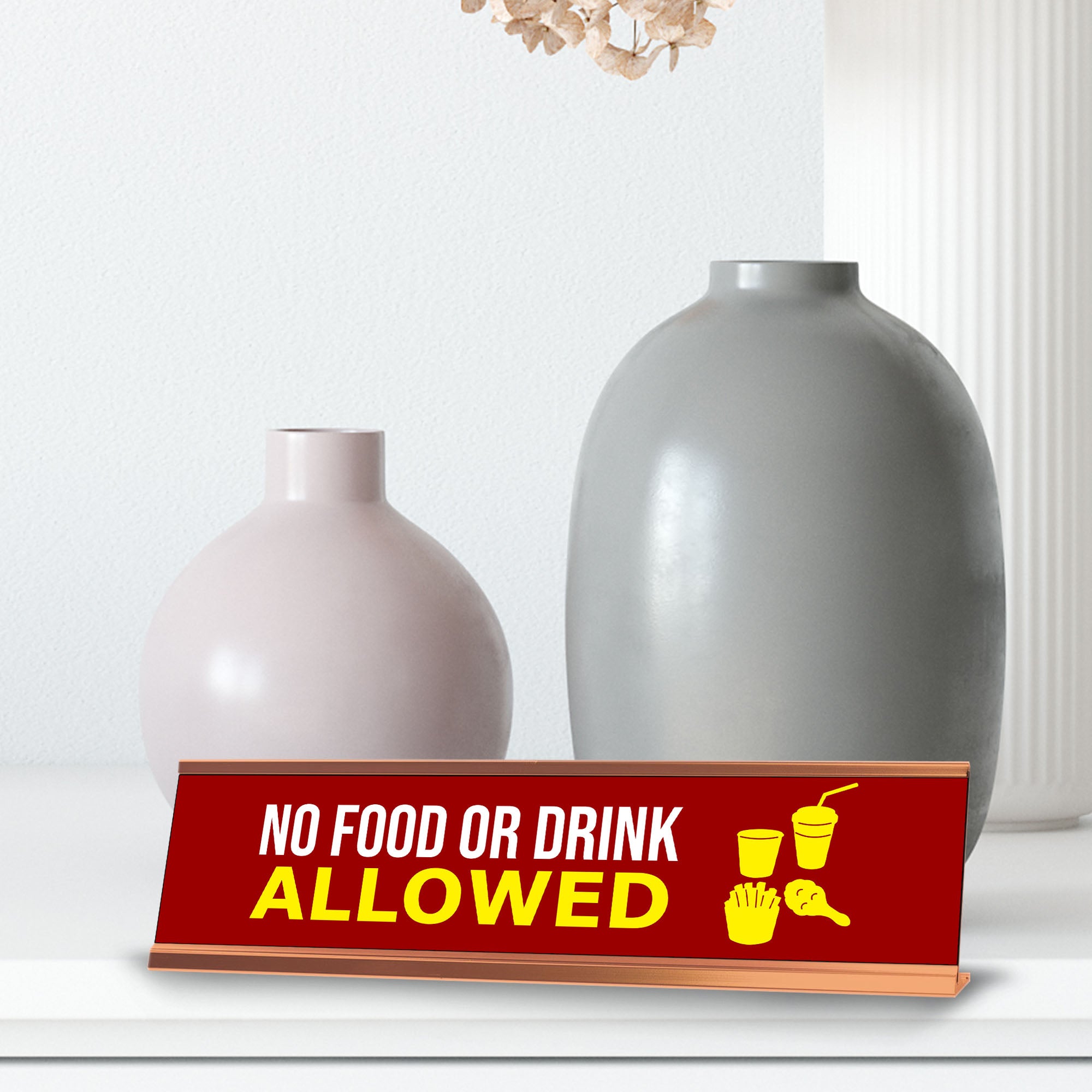 No Food Or Drink Allowed, Red Gold Frame, Desk Sign (2x8")