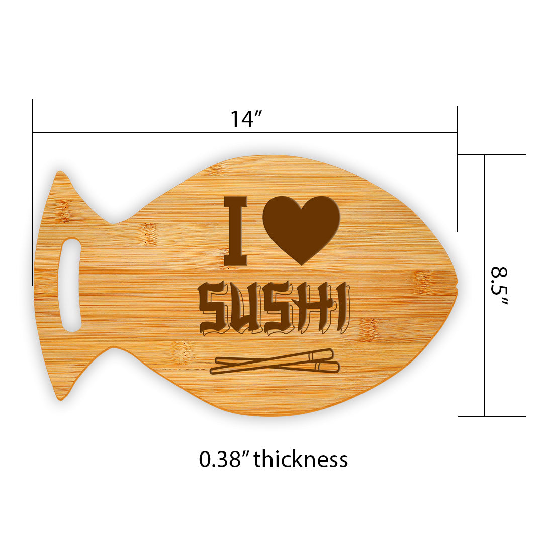 I Love Sushi 14 x 8.5" Fish Shape Cutting Board | Decorative Kitchen Accessory For Sushi Lovers