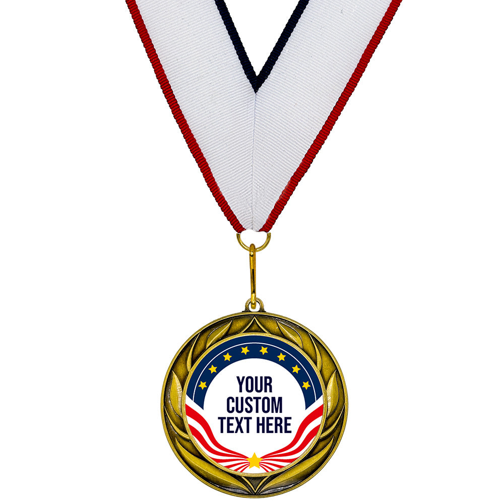 Gold Star Custom Personalized Wreath Design Medal | Choice of Ribbon | USA Flag Personalized Award