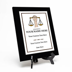 Legal and Justice Theme Customizable Black Frame Award Plaque | Easel Mount Option | Achievement and Service Personalizable Plaques