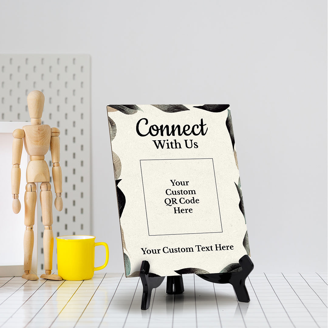 Customizable Connect With Us QR Code Table Sign (6x8") | Personalized QR Code Sign | Stylish Review Request Sign for Businesses With Acrylic Stand