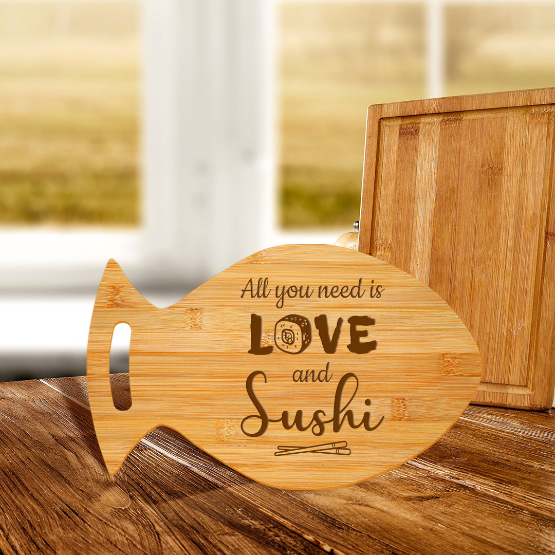 All You Need Is Love And Sushi 14 x 8.5" Fish Shape Cutting Board | Decorative Kitchen Accessory For Sushi Lovers