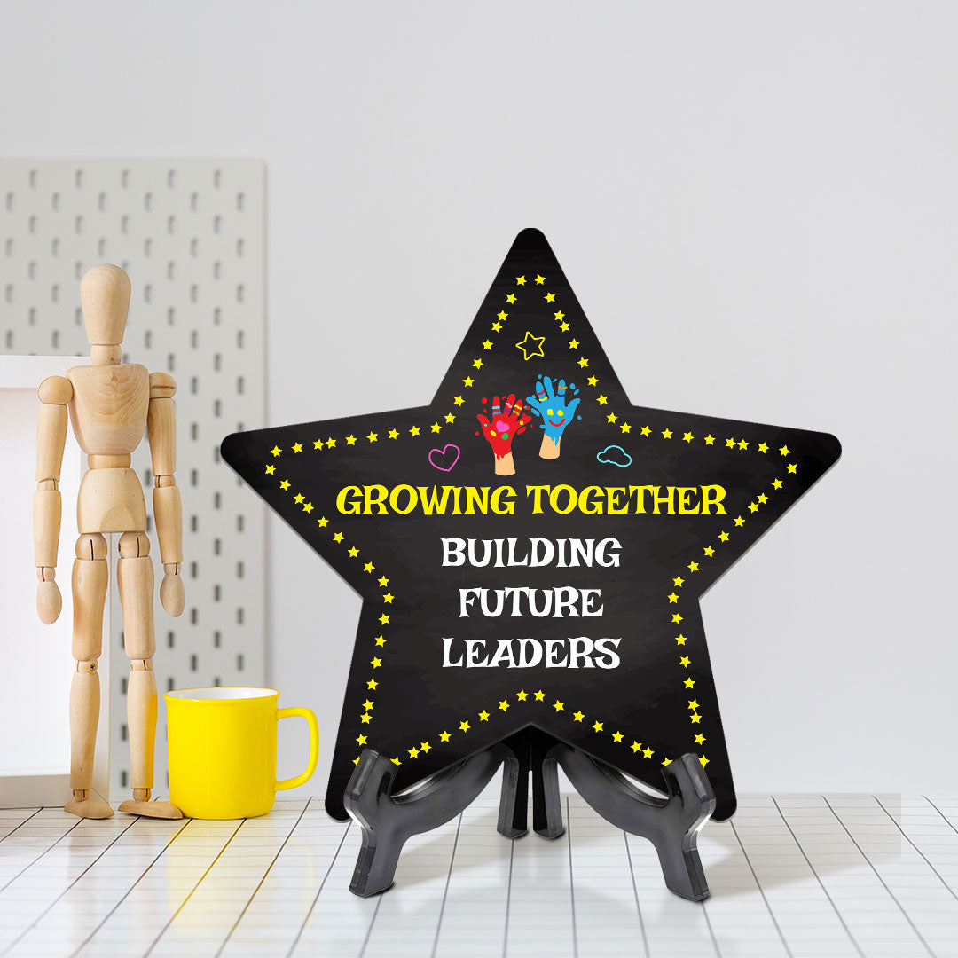 Sign ByLITA Growing Together: Building Future Leaders Star Table Sign with Acrylic Stand (7.5x7.5“) Development | Kindergarten Classroom Essentials | Nurture Young Minds | Fun & Educational Supplies | Easy to Read | Includes Easel Stand