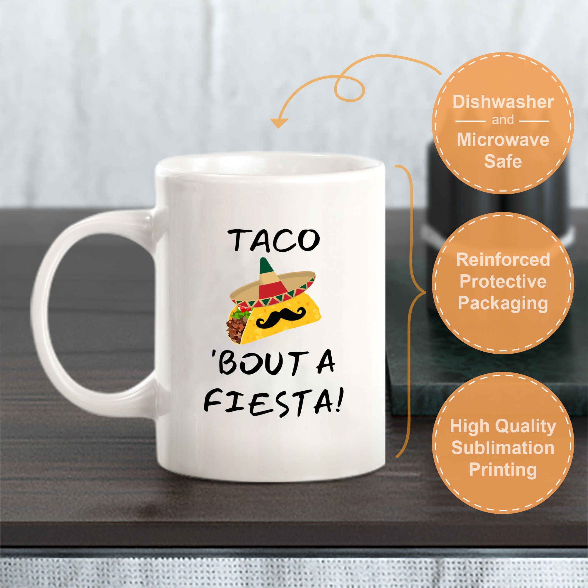 Designs ByLITA Taco 'bout a Fiesta! 11oz Plastic or Ceramic Coffee Mug Elegance | Great Novelty Gift | High Quality Sublimation | Mexican Pride