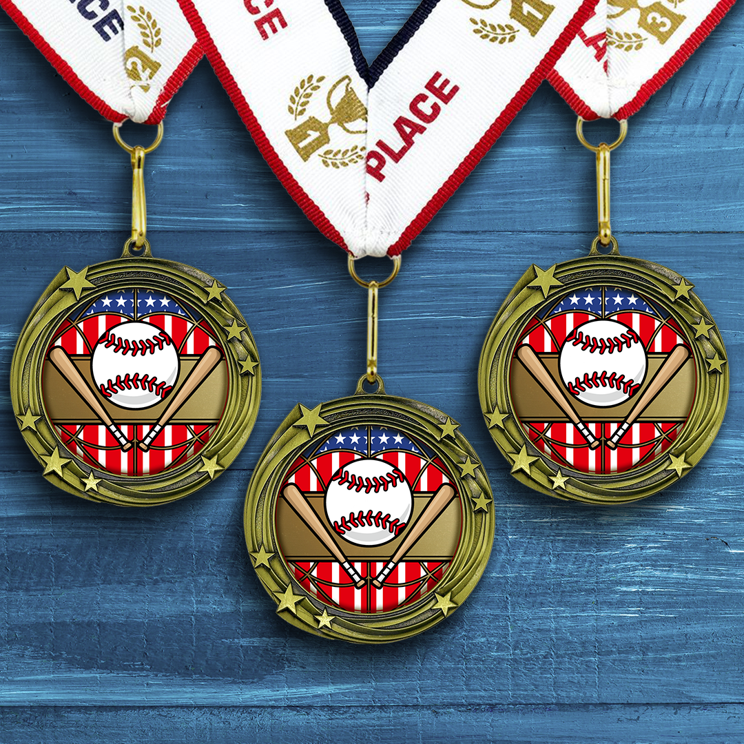 All Quality Baseball Softball Swirling Stars Design Medal - 1st, 2nd, 3rd Place