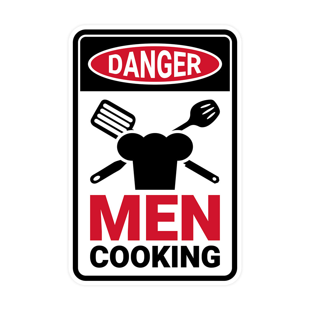 Portrait Round Plus Danger Men Cooking (Kitchen) Wall or Door Sign | Easy Installation | Funny Novelty Imitation Warning Signs